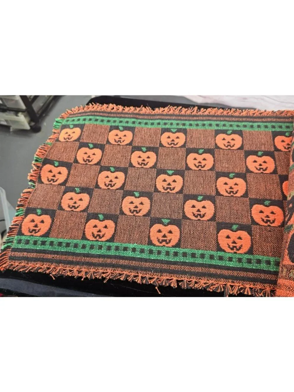 Vintage Halloween Woven Pumpkin Placemat Set Of 4 With Fringe - Black & Orange J
